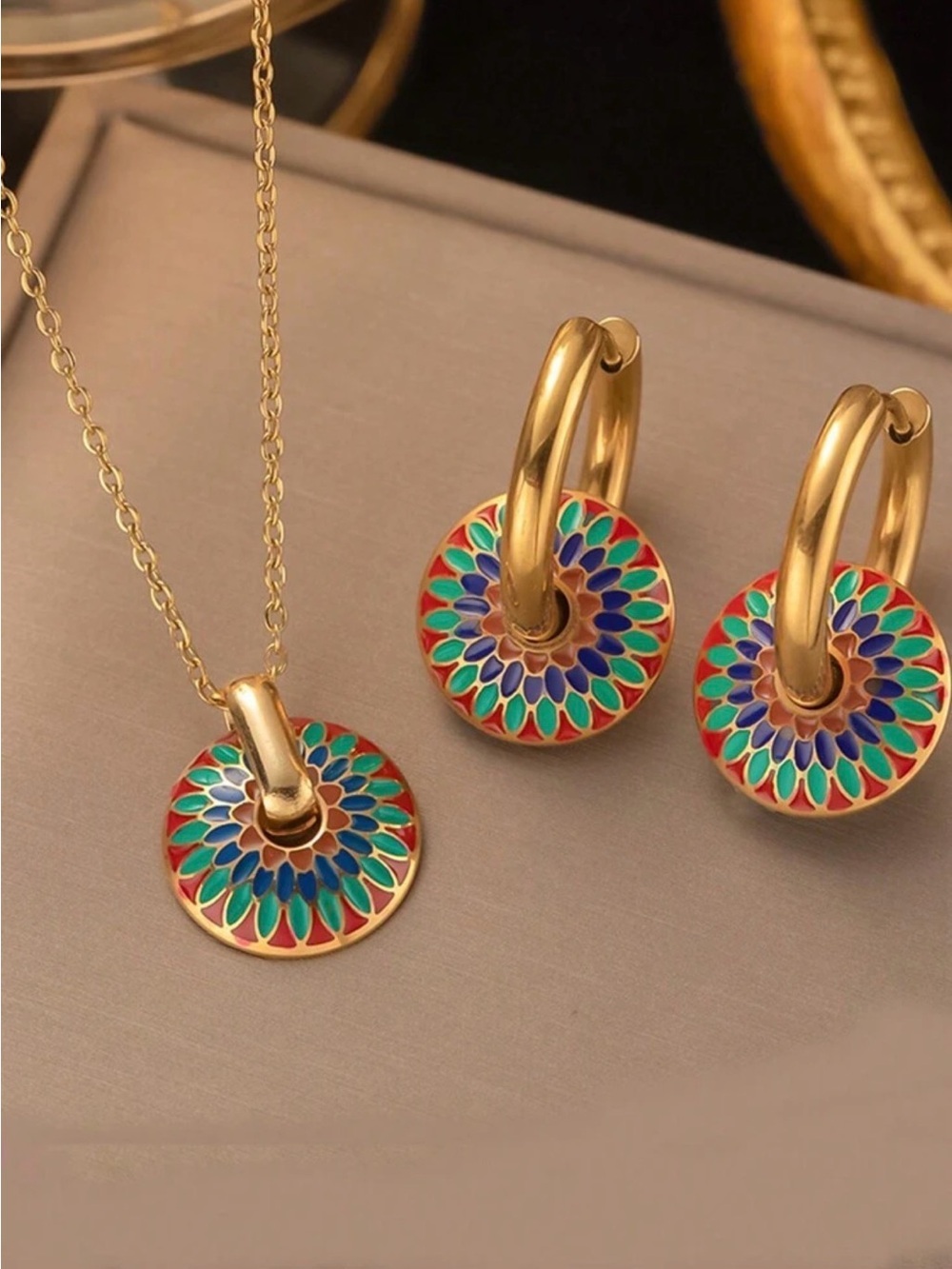 ✨ Boho Mosaic Pendant Necklace & Hoop Earrings Set Gold Tone